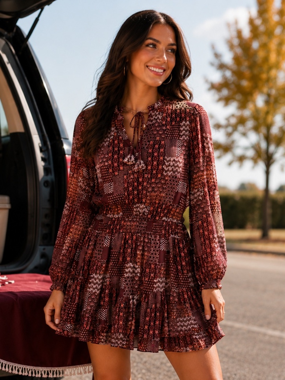 BCBG Paris Patchwork Print Tiered Dress – Size Large
